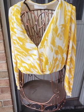 Astr Yellow and White Surplice Long Sleeve Blouse